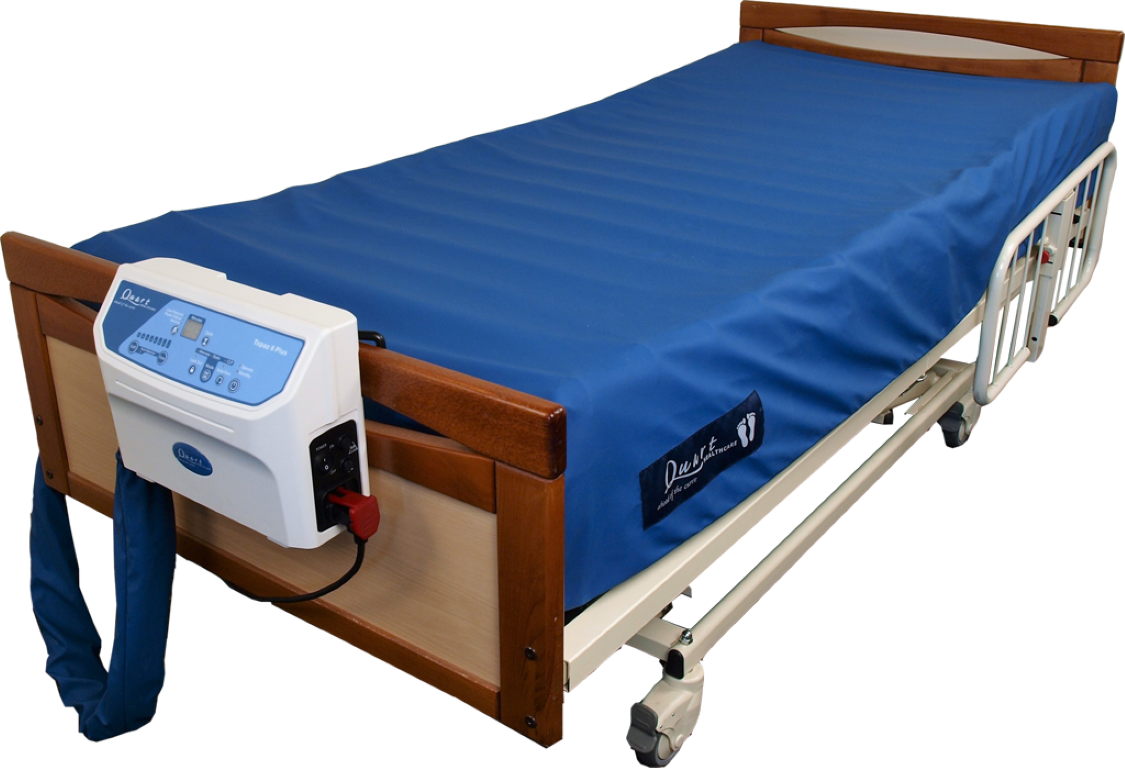 Topaz 8 Plus Low Air Loss Mattress is shown on a hospital bed, attached to its air pump.